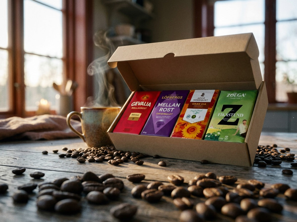 Swedish Coffee Taste Box Small open on a rustic wooden table in warm morning light, showing four Swedish ground coffee bags – Gevalia Mellanrost, Löfbergs Mellanrost Originalet, Arvid Nordquist Gran Dia and Zoégas Fikastund – with scattered coffee beans and a steaming mug beside the box
