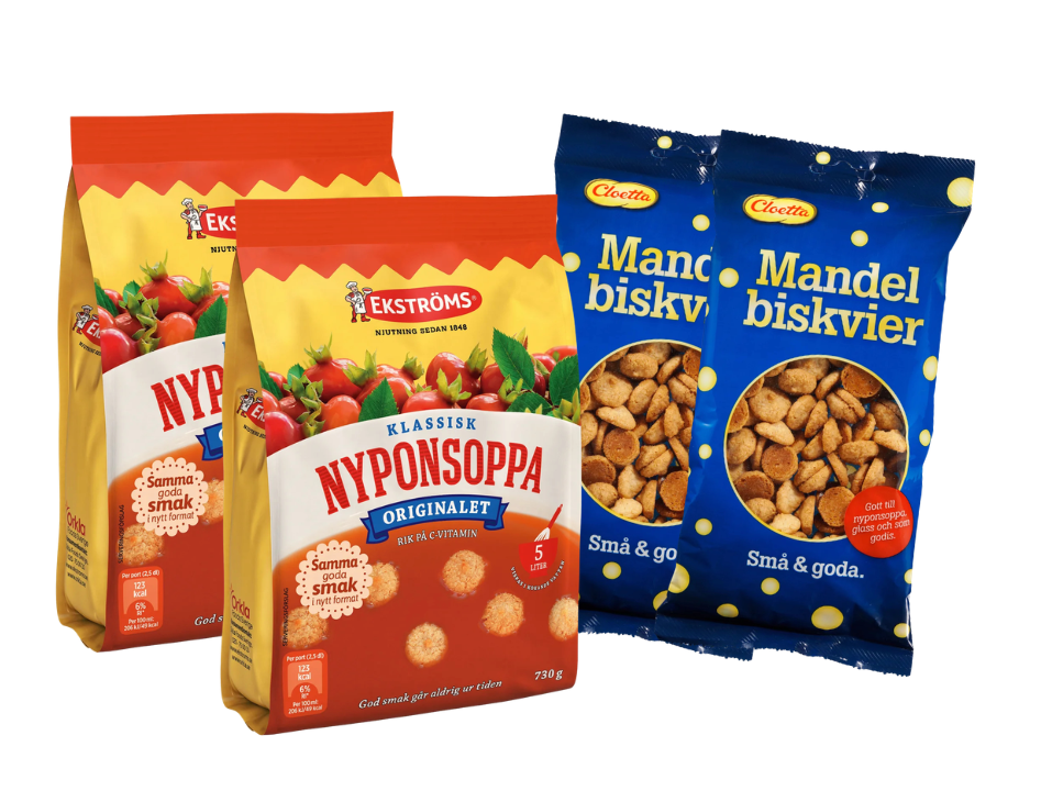 Swedish Dessert Kit – 2 x Ekströms Klassisk Nyponsoppa 730g and 2 x Cloetta Mandelbiskvier 150g, Sweden's classic rosehip soup and almond biscuits
