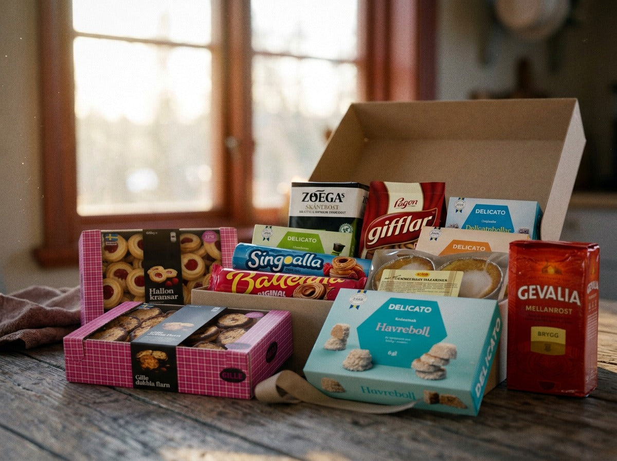Swedish Fika Box Large open on a wooden table – Zoégas, Gevalia coffee, Ballerina, Singoalla, Pågen Gifflar, Gille Hallonkransar, Delicato Havreboll and more inside
