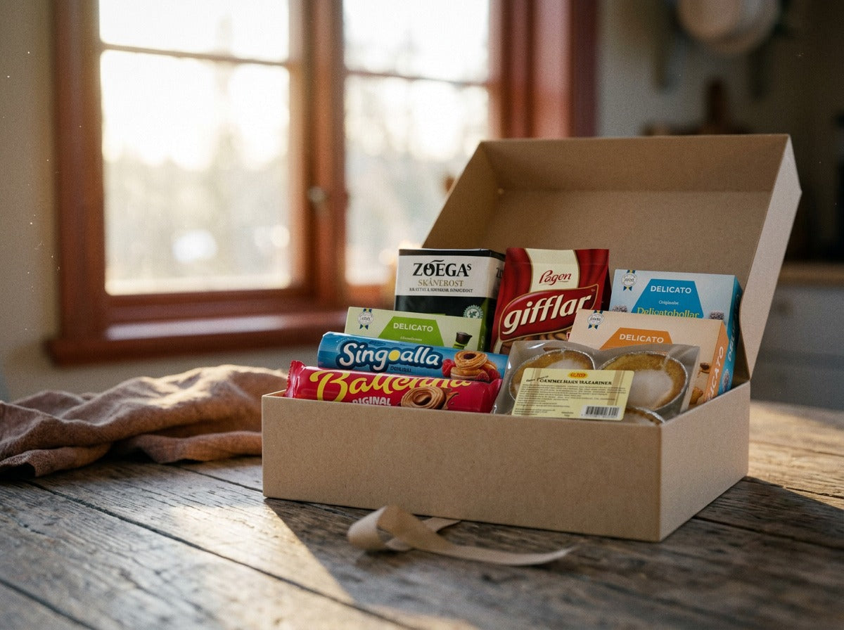 Swedish Fika Box Medium open on a wooden table – Zoégas coffee, Ballerina, Singoalla, Pågen Gifflar and Delicato treats inside
