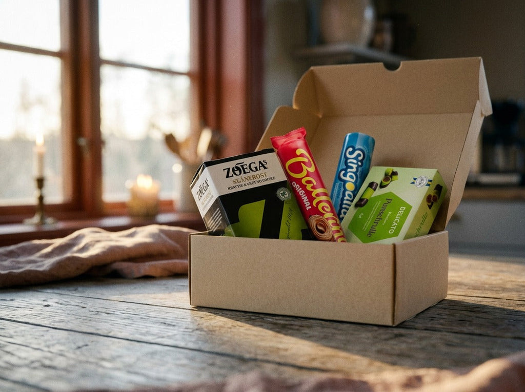 Swedish Fika Box Small – Zoégas Skånerost coffee, Ballerina biscuits, Singoalla and Delicato Punschrullar Dammsugare arranged together
