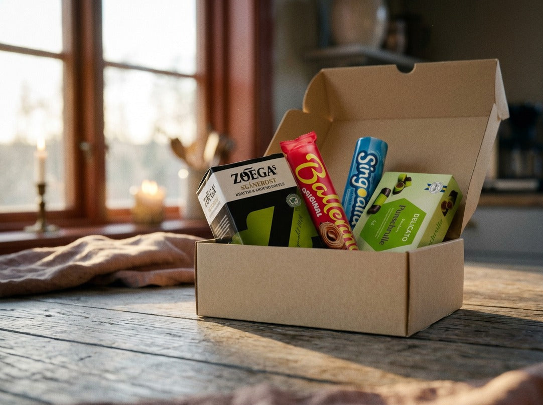 Swedish Fika Box Small – Zoégas Skånerost coffee, Ballerina biscuits, Singoalla and Delicato Punschrullar Dammsugare arranged together
