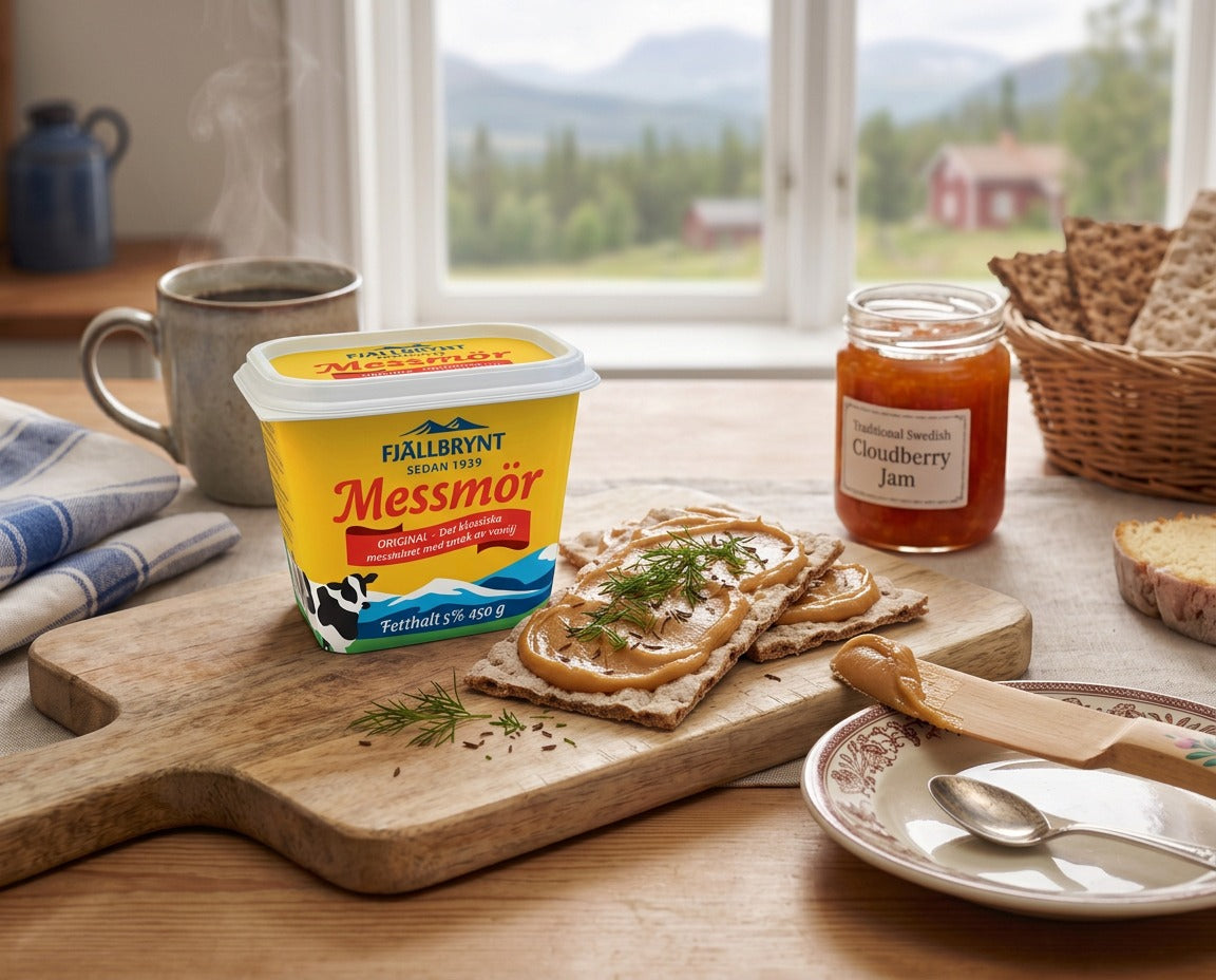 Swedish Fjällbrynt Messmör whey spread served with bread and crispbread