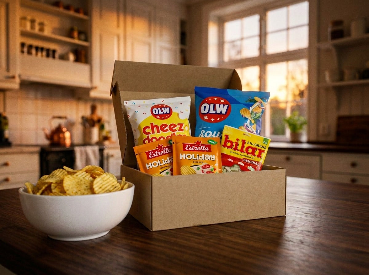 Swedish Fredagsmys Box Small open on a dark wooden kitchen table in a warm cozy kitchen – OLW Cheez Doodles, OLW Sourcream & Onion Chips, two Estrella Holiday Dippmix sachets and Ahlgrens Bilar inside, with a bowl of chips alongside
