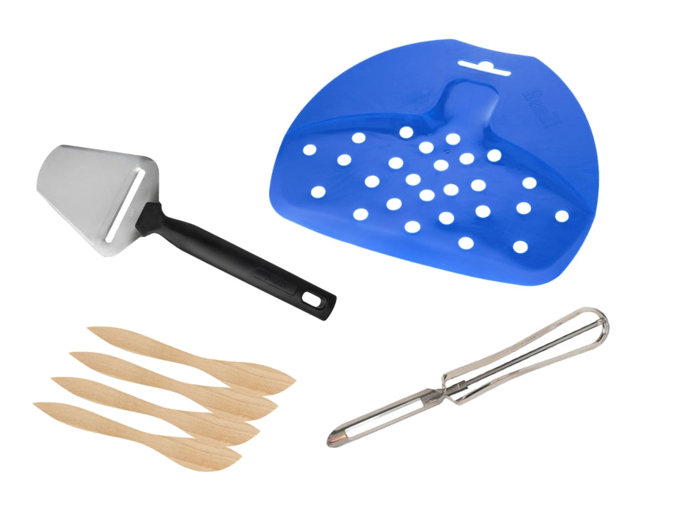 Swedish Household Essentials Kit – 4 beechwood butter knives, Jonas of Sweden cheese slicer, Jonas Original potato peeler and Renzi sink scraper, 7 authentic Scandinavian kitchen tools

