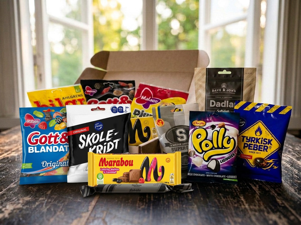 Swedish Licorice Taste Box Large open on a dark wooden table by a bright window – Malaco Gott & Blandat Original, Fazer Skolkritor, Marabou Lakrits Hallon & Caramel, Malaco Djungelvrål, S-Märke Supersalt, Dave & Jon's Dadlar Saltlakrits, Cloetta Polly Licorice and Fazer Tyrkisk Peber visible, with Ahlgrens Bilar Saltlakrits, Gott & Blandat Salt, Marabou Black and Grenna Polkagris also inside
