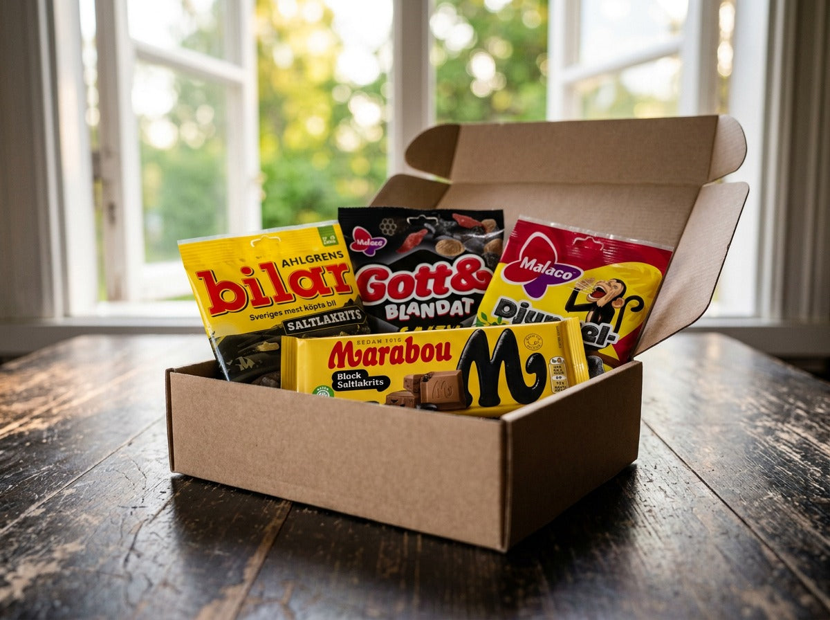 Swedish Licorice Taste Box Small open on a dark wooden table by a bright window – Ahlgrens Bilar Saltlakrits, Malaco Gott & Blandat Salt, Malaco Djungelvrål and Marabou Black Saltlakrits inside
