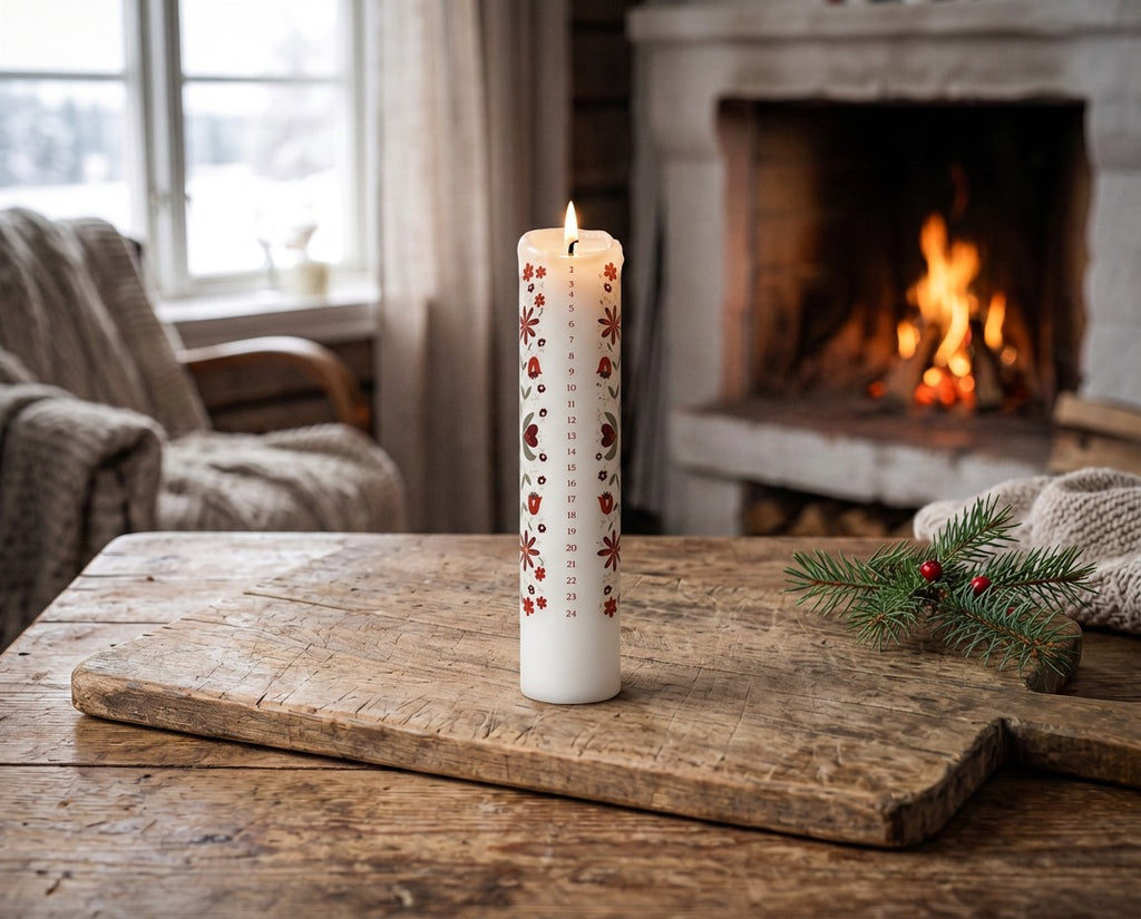 Swedish floral Advent calendar candle 25 x 5cm with red burgundy flowers green leaves and numbers 1 to 24