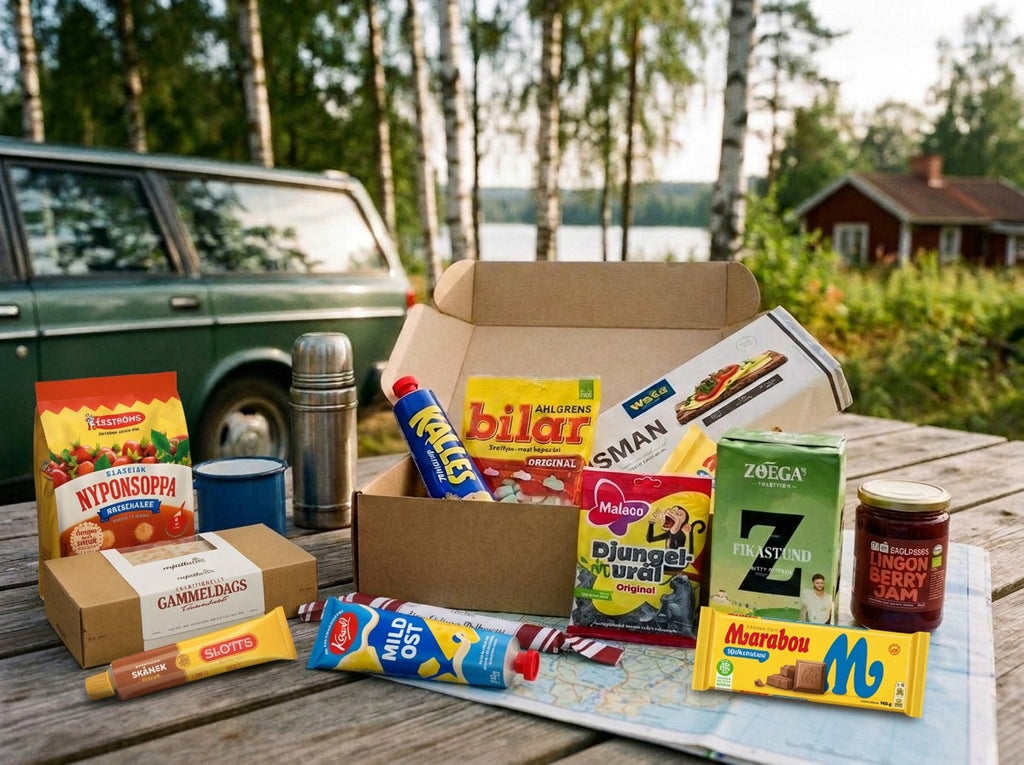 Taste of Sweden Box Large open on a wooden table by a Swedish lake next to a vintage Volvo estate – Ekströms Nyponsoppa, Slotts Skånsk Senap, Kavli Mildost, Kalles Kaviar, Ahlgrens Bilar, Wasa Husman, Malaco Djungelvrål, Zoégas Fikastund, lingonberry jam and Marabou Mjölkchoklad inside
