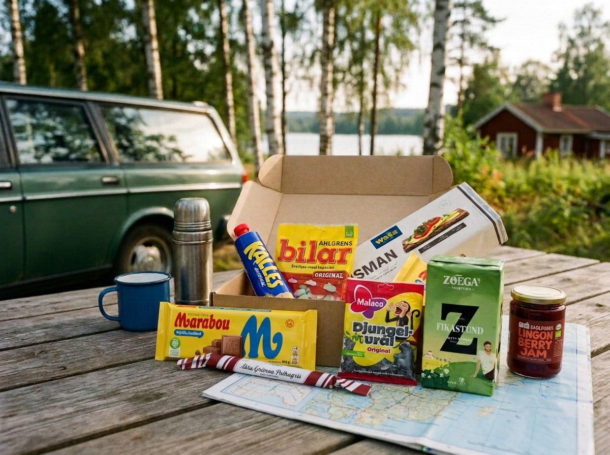 Taste of Sweden Box Medium open on a wooden table by a Swedish lake – Kalles Kaviar, Ahlgrens Bilar, Wasa Husman, Malaco Djungelvrål, Zoégas Fikastund coffee, lingonberry jam and Polkagris inside, with a vintage Volvo and red cottage in the background
