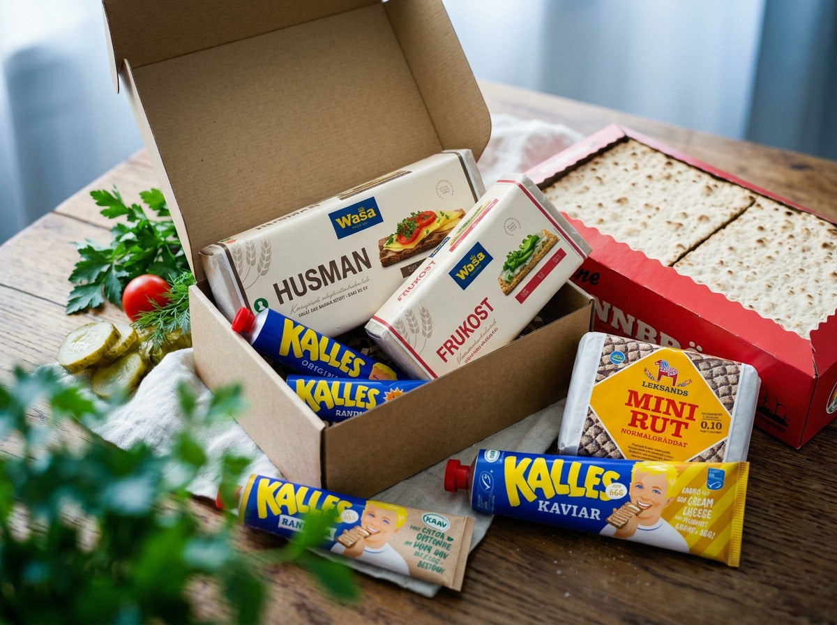Kalles Kaviar Taste Box Medium open on a rustic wooden table – Kalles Original, Kalles Randiga, Kalles KRAV, Kalles Randiga Med Ägg, Wasa Husman, Wasa Frukost, Polarbröd Hårt Tunnbröd and Leksands Mini Rut inside, with dill, tomato and pickles alongside
