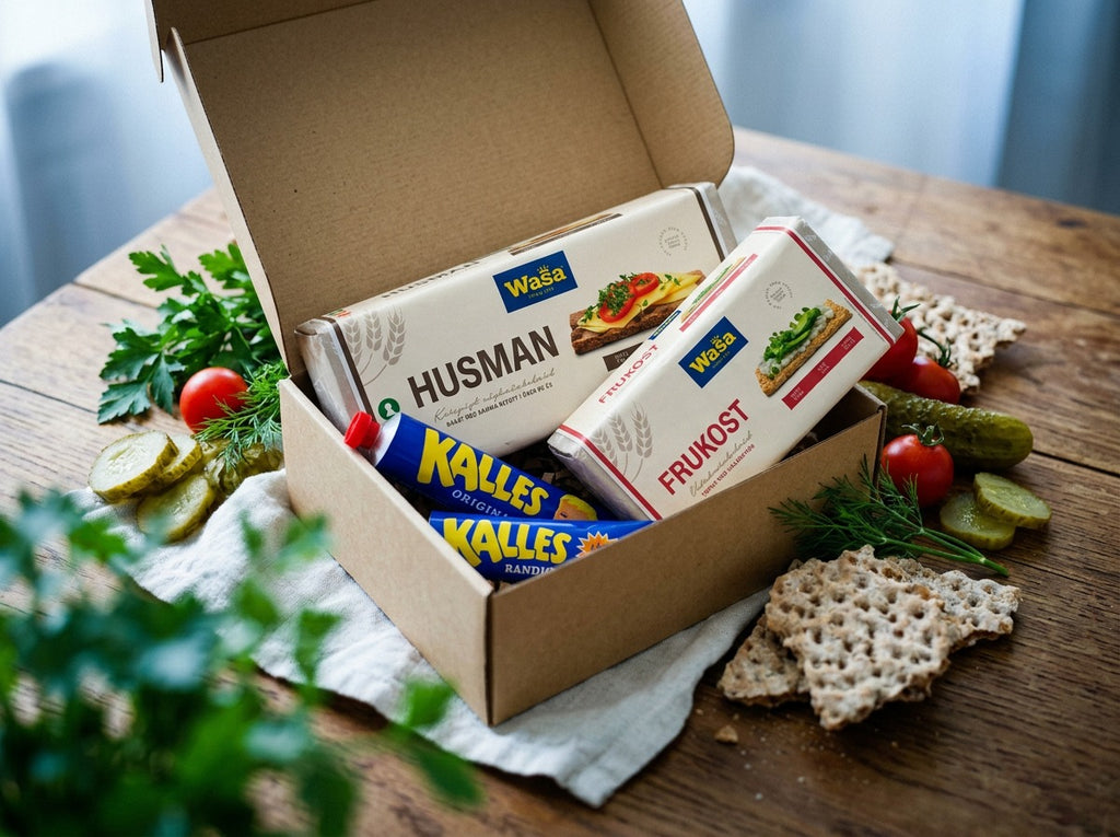 Kalles Kaviar Taste Box Small open on a rustic wooden table – Kalles Original, Kalles Randiga, Wasa Husman and Wasa Frukost crispbread inside, surrounded by cherry tomatoes, cucumber, dill and pickles
