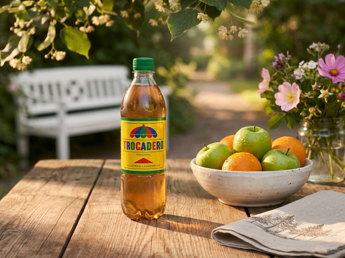 Trocadero Original 50cl – Swedish Orange & Apple Soft Drink in the garden
