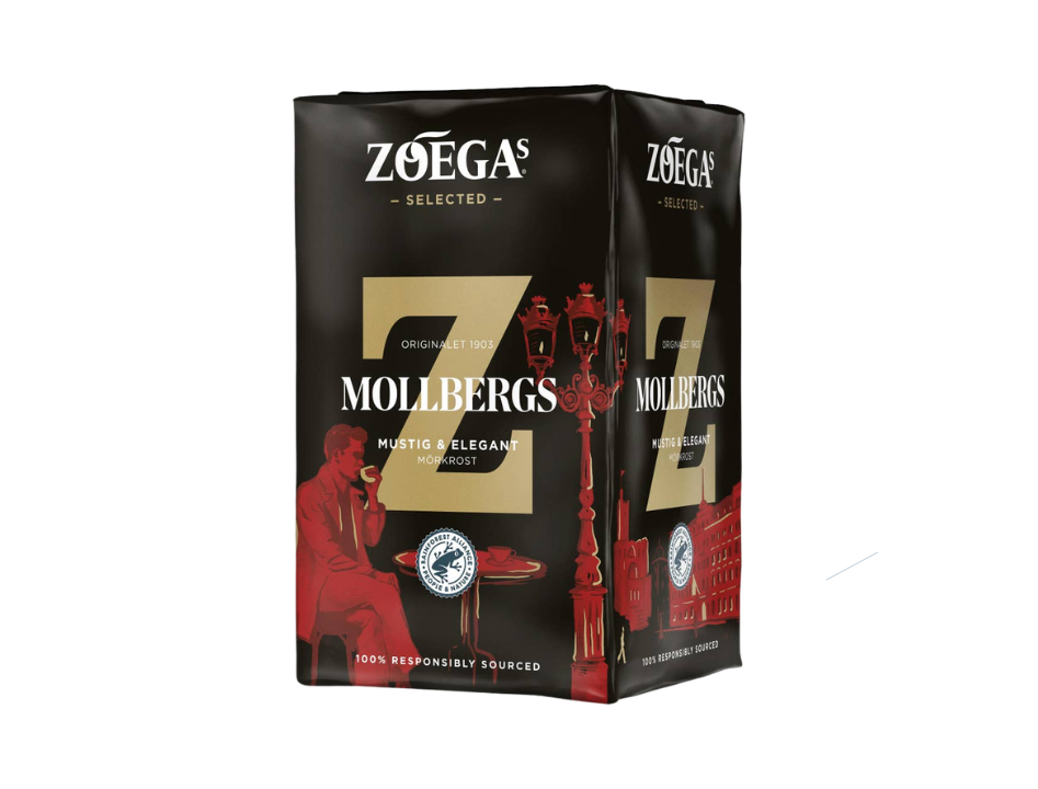 Zoégas Mollbergs Blandning ground coffee 450g in black and gold packaging – mustig & elegant Swedish dark roast, Rainforest Alliance certified, 100% responsibly sourced, included in the Swedish Coffee Taste Box Medium from Swedish Cravings

