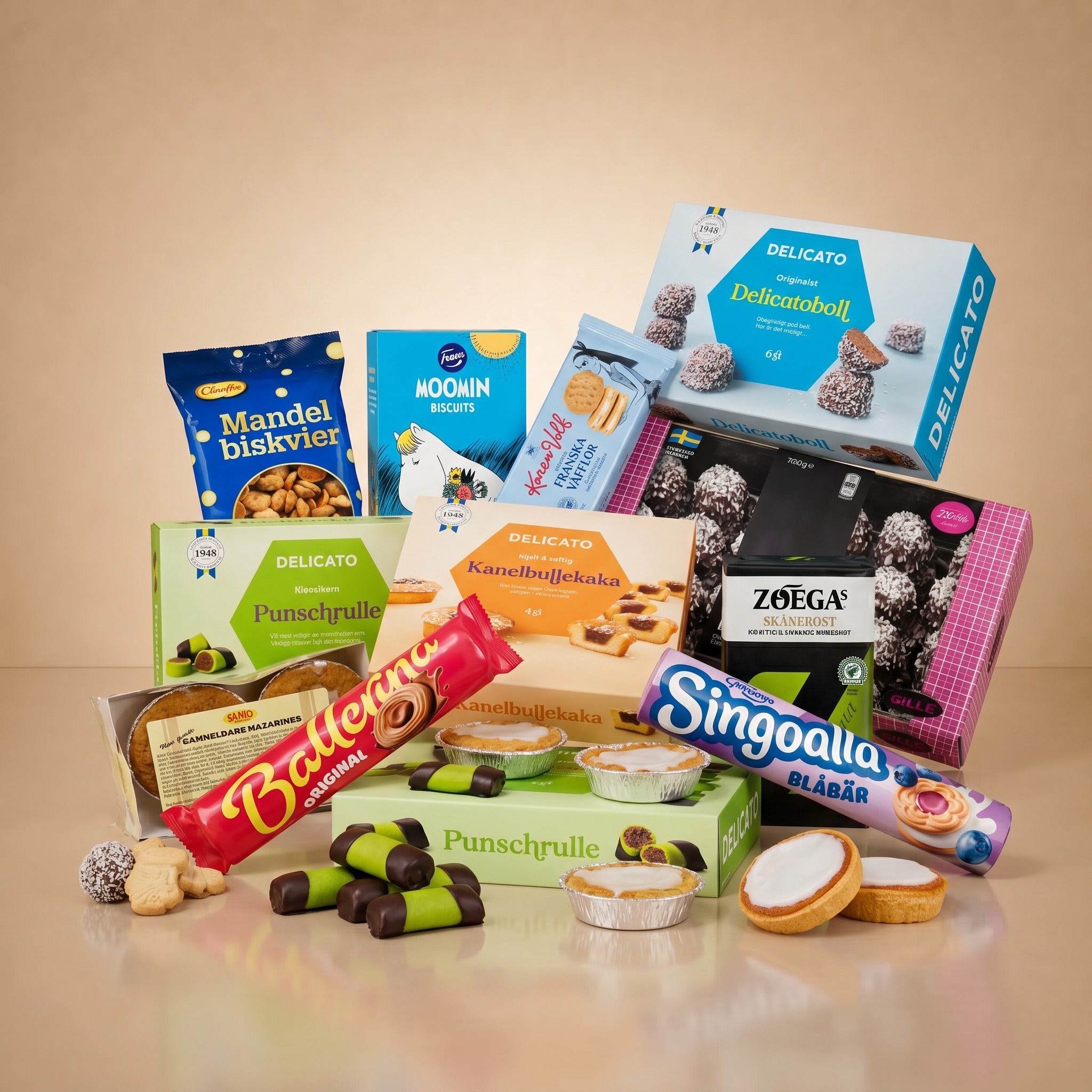Swedish fika selection featuring Delicato Punschrulle, Kanelbullekaka, Delicatoboll, Ballerina, Singoalla, Moomin biscuits, Mandelbiskvier and Zoegas coffee – Swedish Cravings