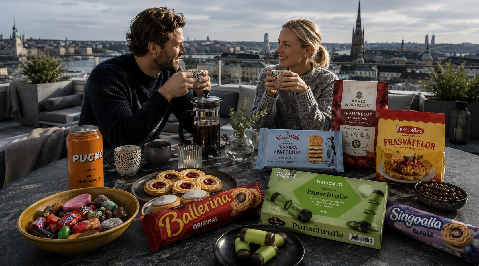 Couple enjoying Swedish fika on a Stockholm rooftop with Ballerina cookies, Punschrulle, Singoalla, Pucko and Arvid Nordquist coffee – Swedish Cravings