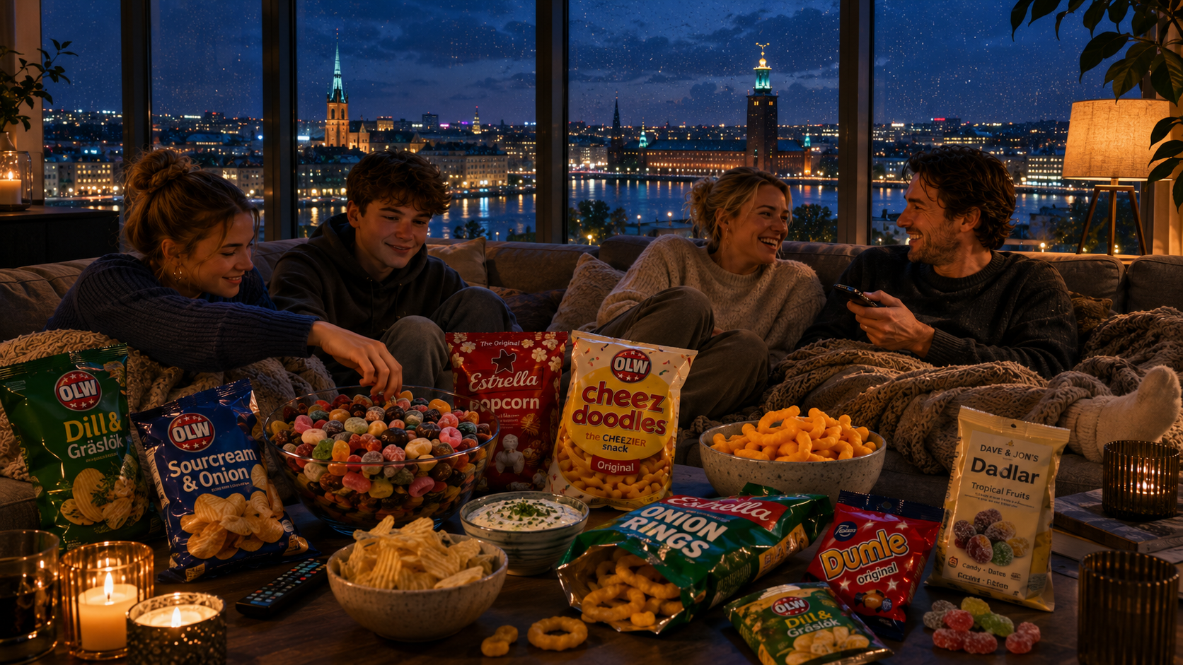 Family enjoying Swedish Fredagsmys on a cozy sofa with OLW chips, Estrella popcorn, Cheez Doodles, Dumle candy and mixed sweets against a Stockholm night skyline – Swedish Cravings