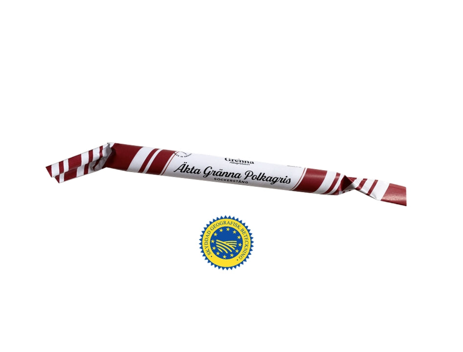 Äkta Gränna Polkagris 50g – traditional Swedish red-and-white peppermint candy stick with EU protected geographical indication, included in the Swedish Candy Box Large
