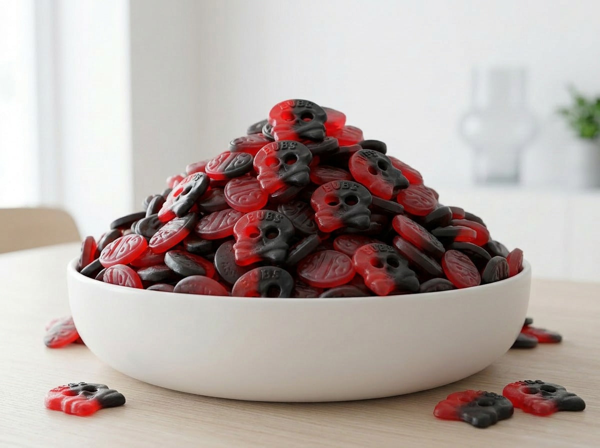 BUBS Raspberry Salty Licorice SKALLE Candy 4kg (141.10 oz) – Authentic Swedish Vegan Soft & Chewy Skull Candy Bulk Box