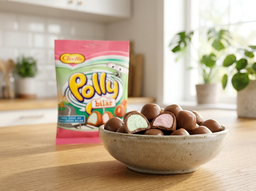 Cloetta Polly Chokladbilar 4 × 150g (4 × 5.29 oz) – Authentic Swedish Chocolate-Coated Foam Candy Cars