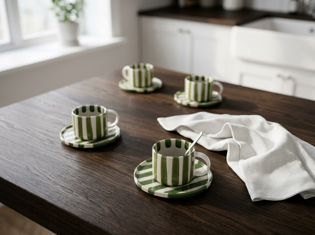 Olsson & Jensen Monica Cup & Saucer Set – Green – 4 Cups & 4 Saucers – Hand-Painted Stoneware