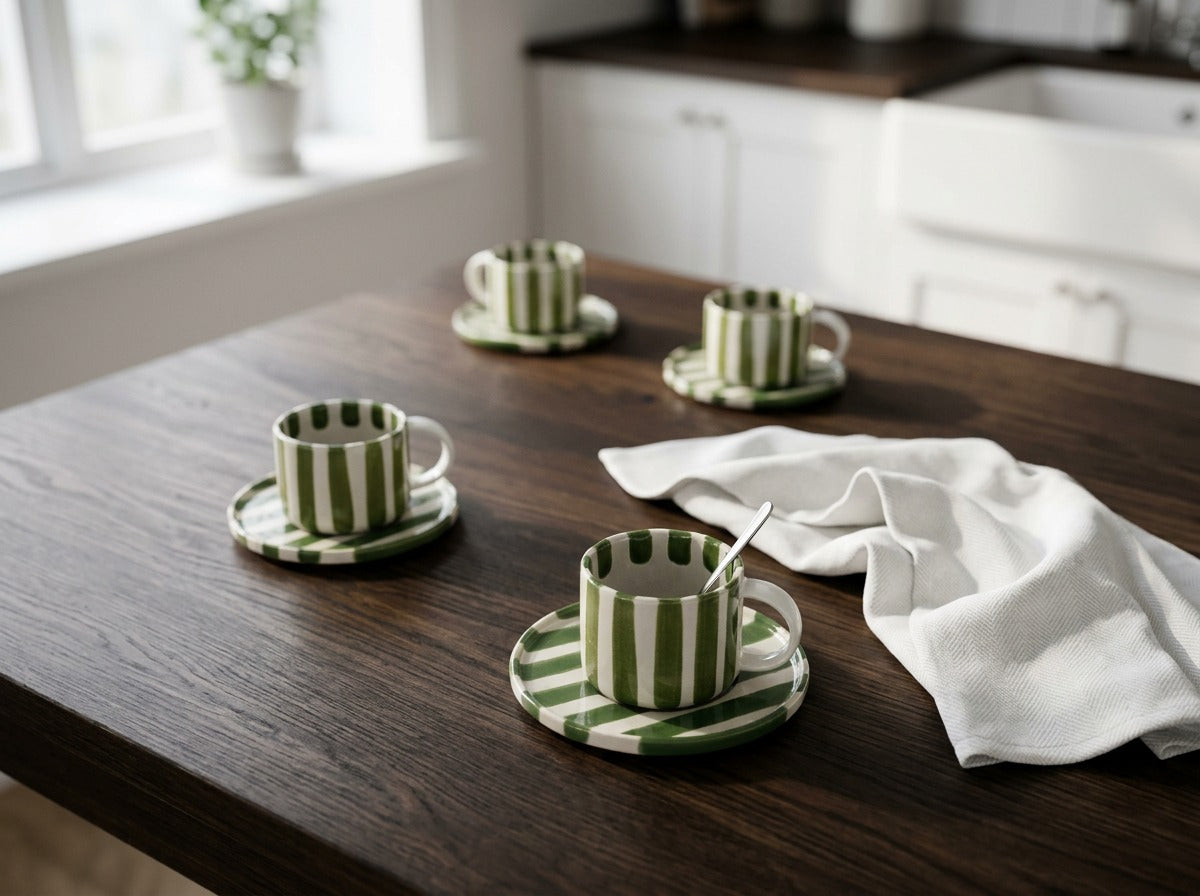 Olsson & Jensen Monica Cup & Saucer Set – Green – 4 Cups & 4 Saucers – Hand-Painted Stoneware