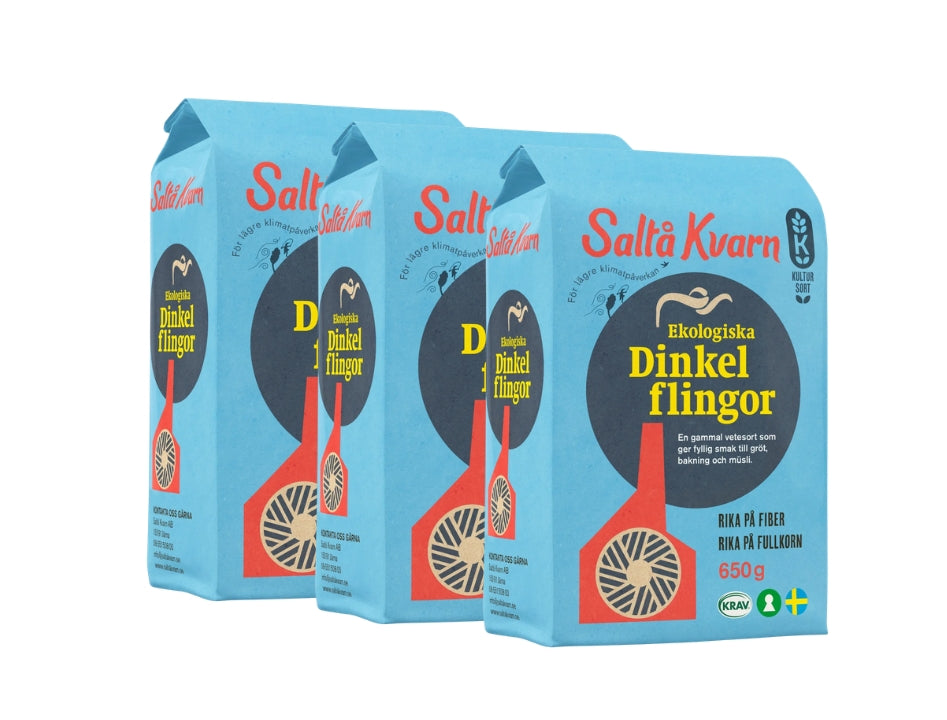 Three bags of Saltå Kvarn Dinkelflingor KRAV Organic 650g authentic Swedish whole grain spelt flakes.