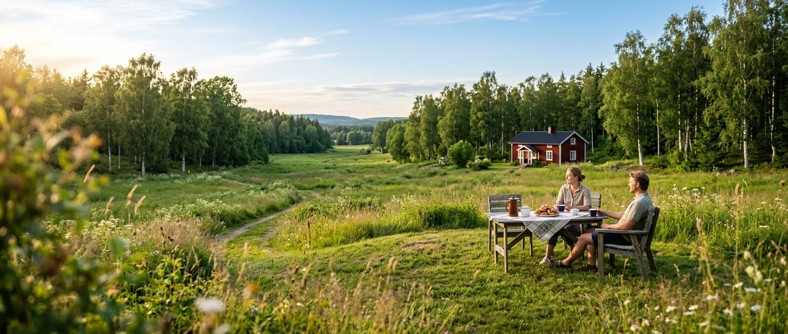 Couple enjoying Swedish Fika outdoors in a summer meadow with a red cottage in the background – Swedish Cravings
