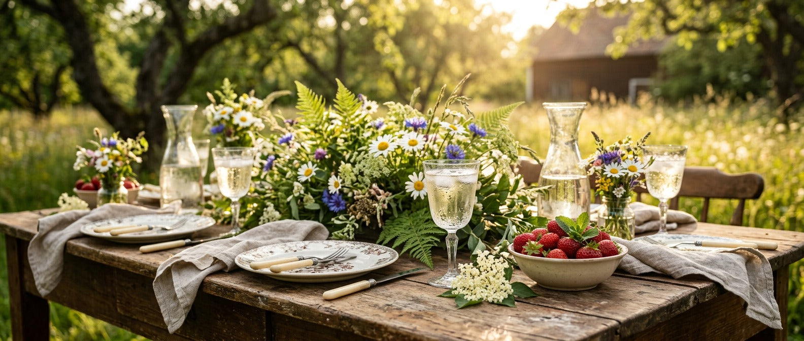 Rustic Swedish summer table setting with wildflowers, strawberries and glassware in a garden – Swedish Cravings