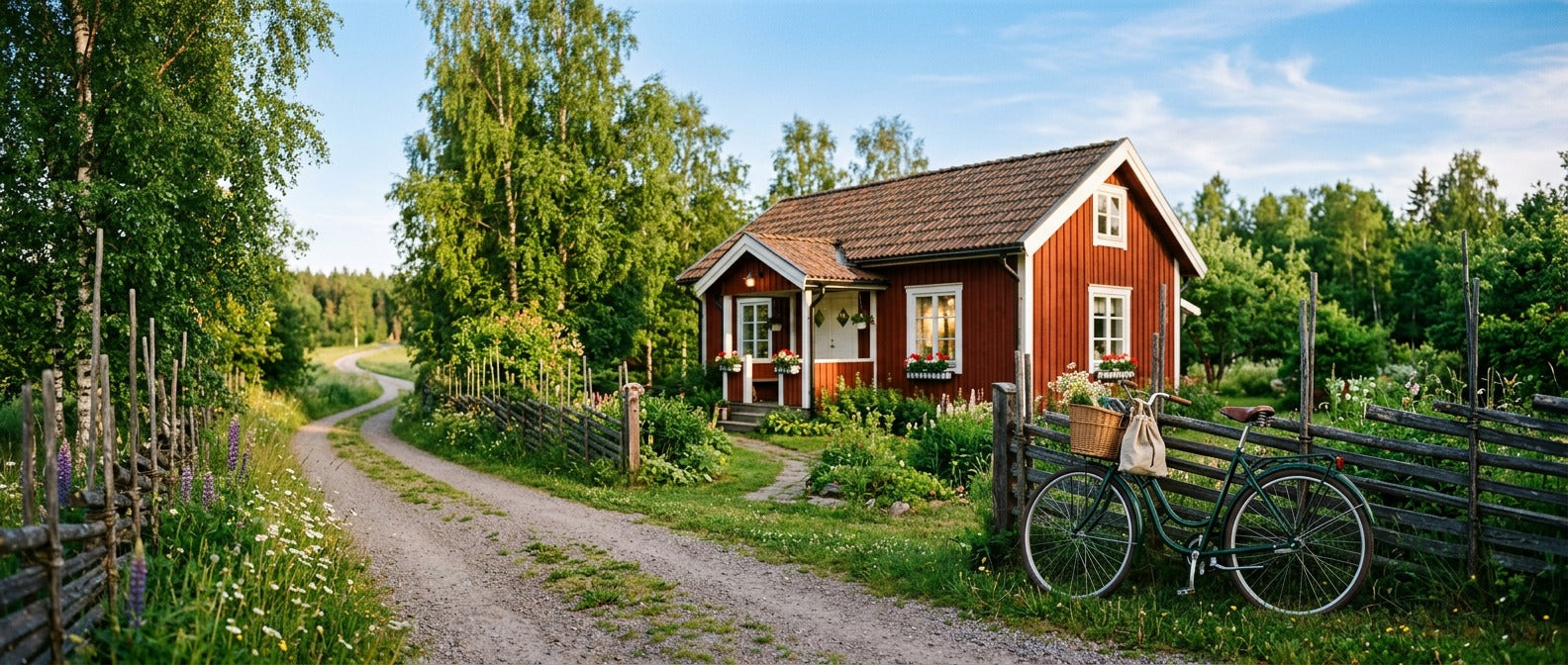 Classic red Swedish cottage with a bicycle on a winding country road in summer – Swedish Cravings