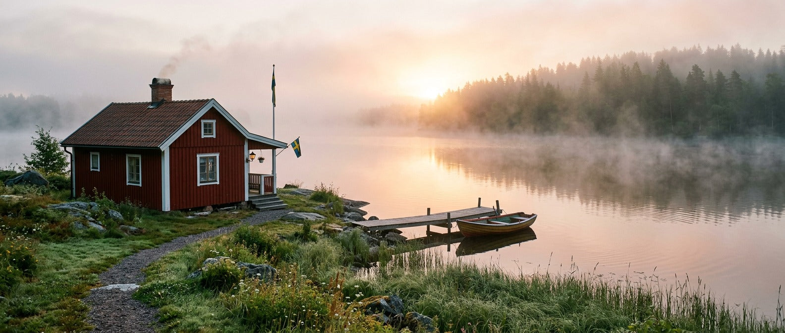 Traditional Swedish red cottage by a misty lake at sunrise – Swedish Cravings