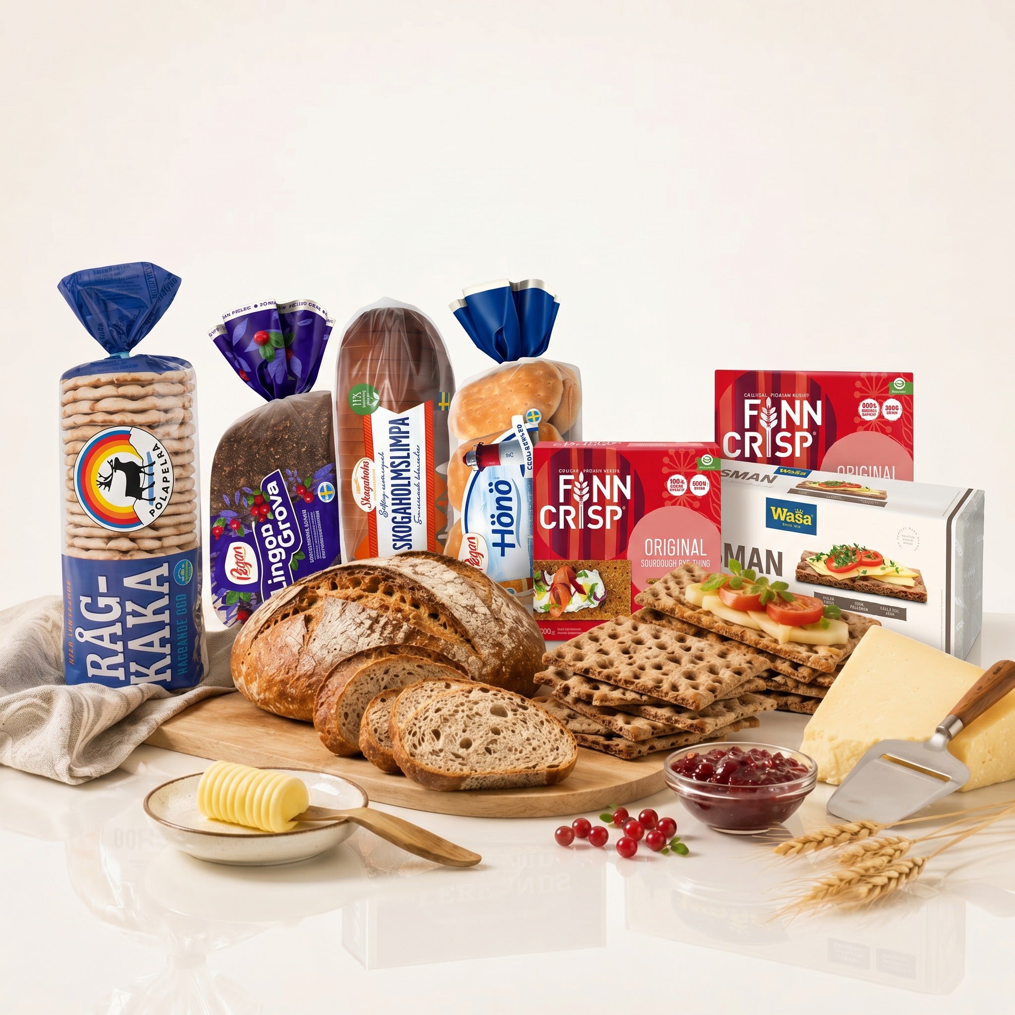 Swedish bread and crispbread selection featuring Wasa, Finn Crisp, Ragkaka, Skogaholmslimpa, Lingongrova and Hono bread with butter and lingonberry jam – Swedish Cravings