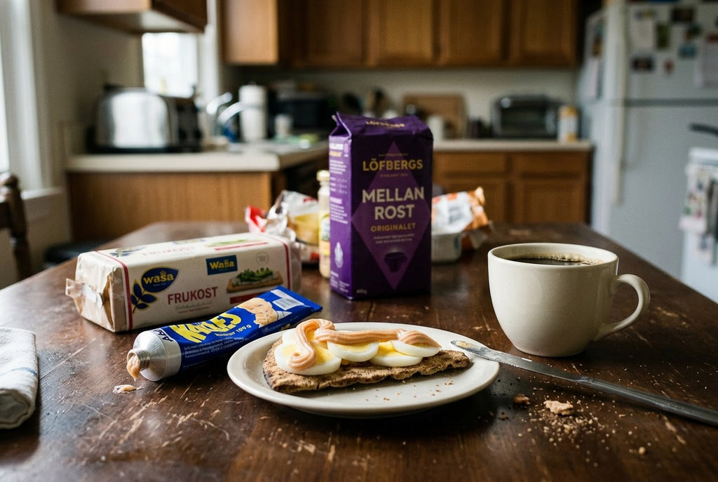 Kalles Kaviar Original tube with Wasa Frukost crispbread and Löfbergs Mellanrost coffee on a wooden kitchen table, with crispbread topped with boiled egg and kaviar on a plate
