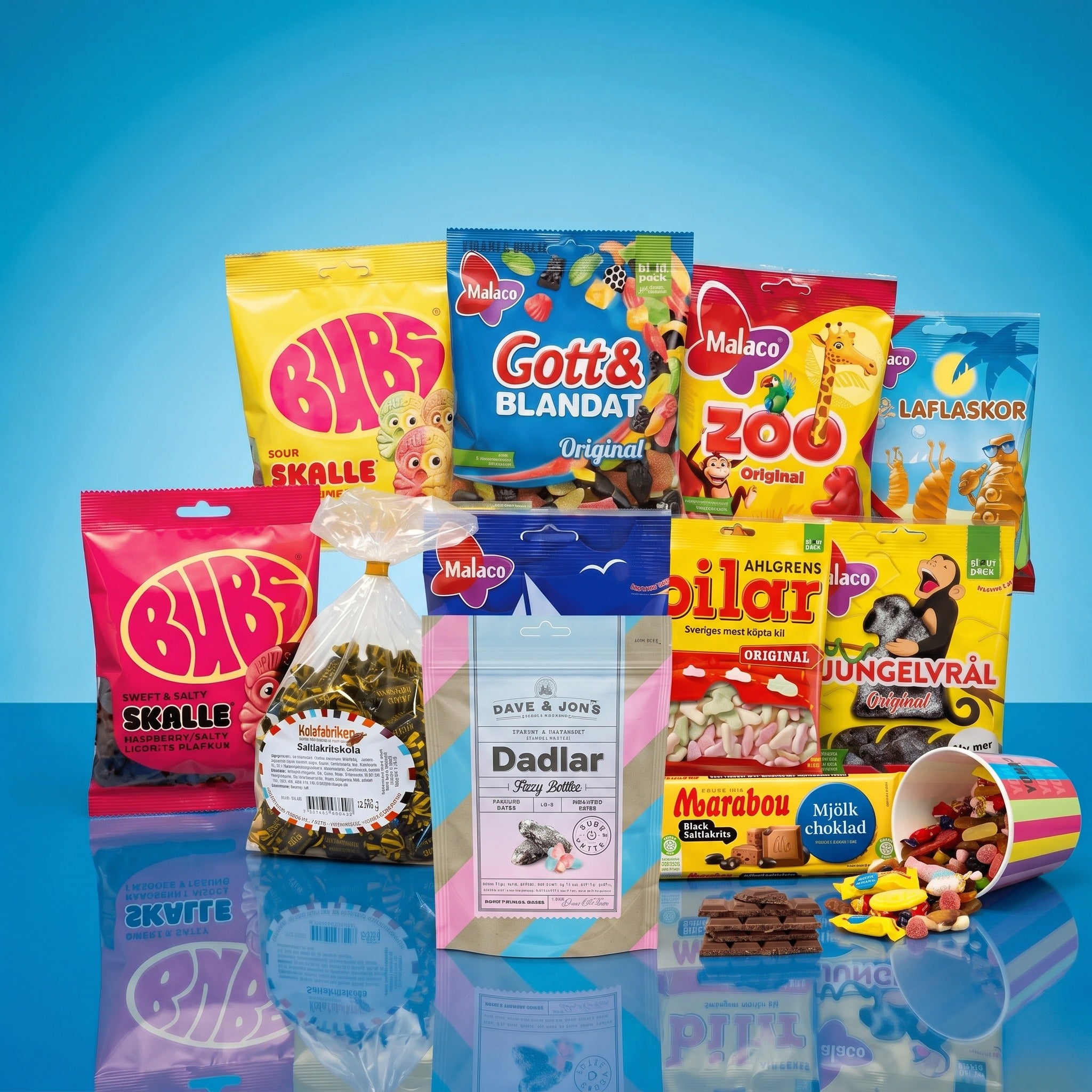Swedish candy selection featuring Bubs Skalle, Malaco Gott och Blandat, Ahlgrens Bilar, Jungelvraal, Laflaskor, Marabou chocolate and mixed sweets – Swedish Cravings