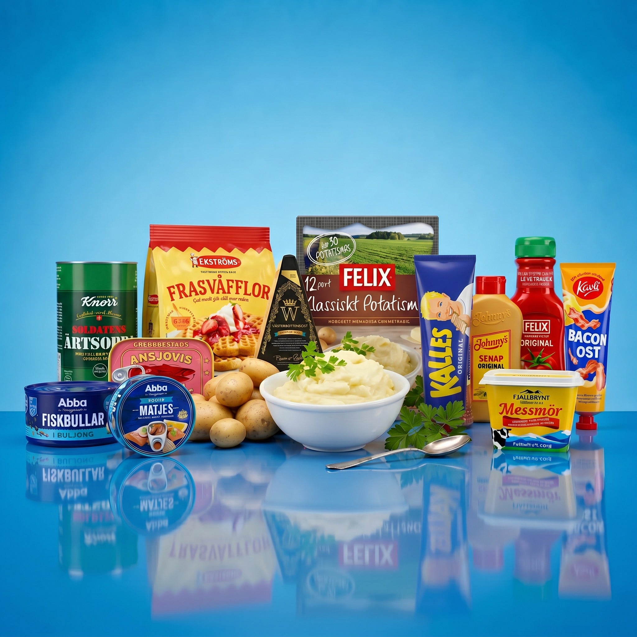 Swedish pantry classics featuring Abba Fiskbullar, Matjes, Kalles kaviar, Felix potatismos, Ansjovis, Messmor, Fjallbrynt and Johnny's senap – Swedish Cravings