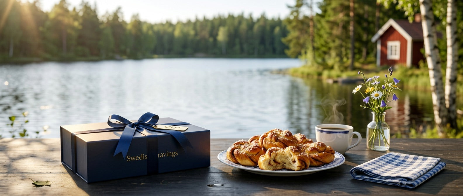 Swedish Cravings gift box with cinnamon buns, coffee and wildflowers on a dock by a Swedish lake with red cottage in background