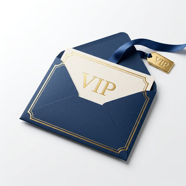 Exclusive Swedish Cravings VIP invitation envelope with gold VIP card and navy ribbon