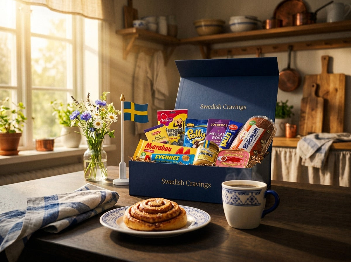 Swedish Cravings box filled with authentic Swedish snacks, Marabou chocolate, Polly candy and cinnamon bun on a kitchen table